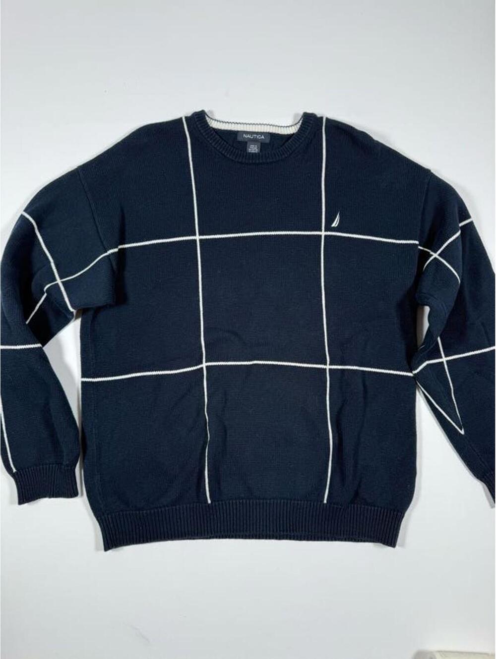 Nautica Navy Blue Windowpane Pattern Sweater Size Medium